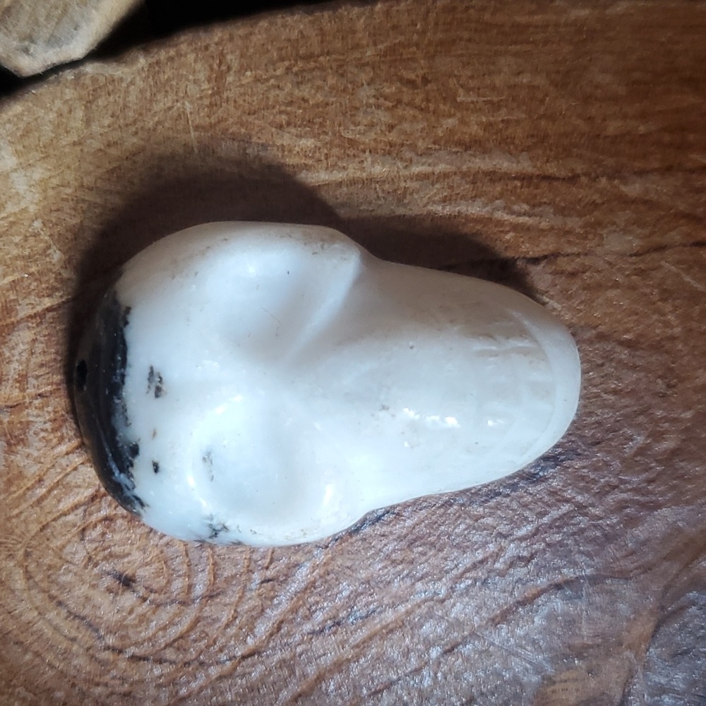 New Carved Black and White Zebra Jasper Skull Pendant.